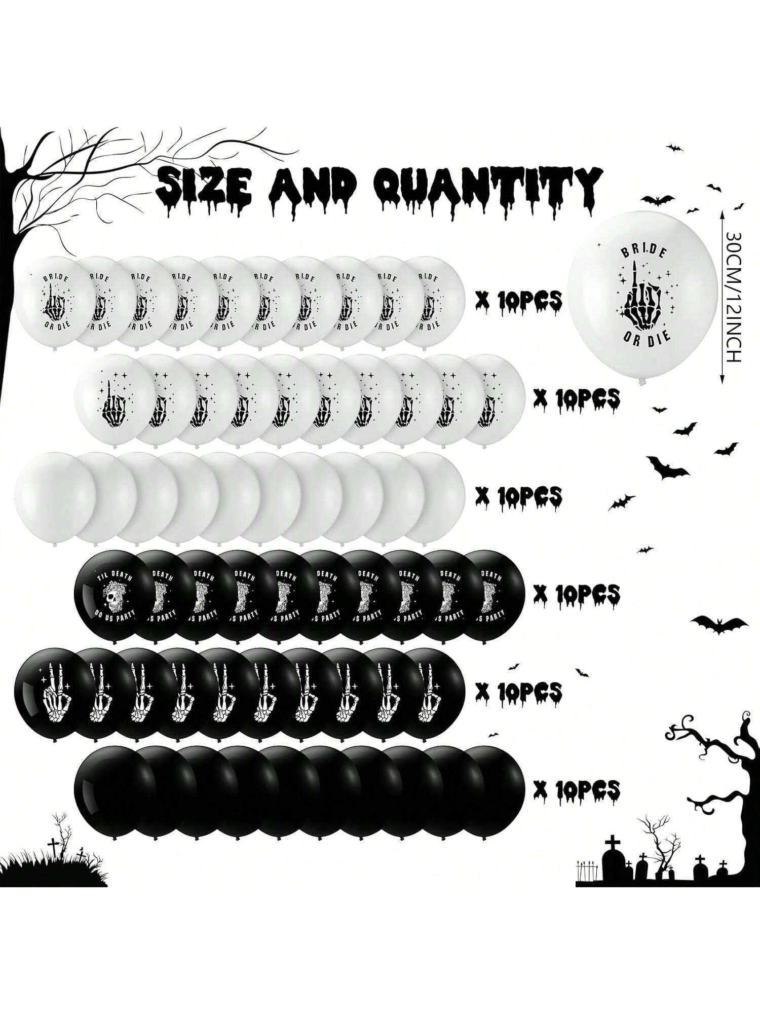 60 Bride or Die Black and White Bachelorette Balloons with Skulls for Party Decor