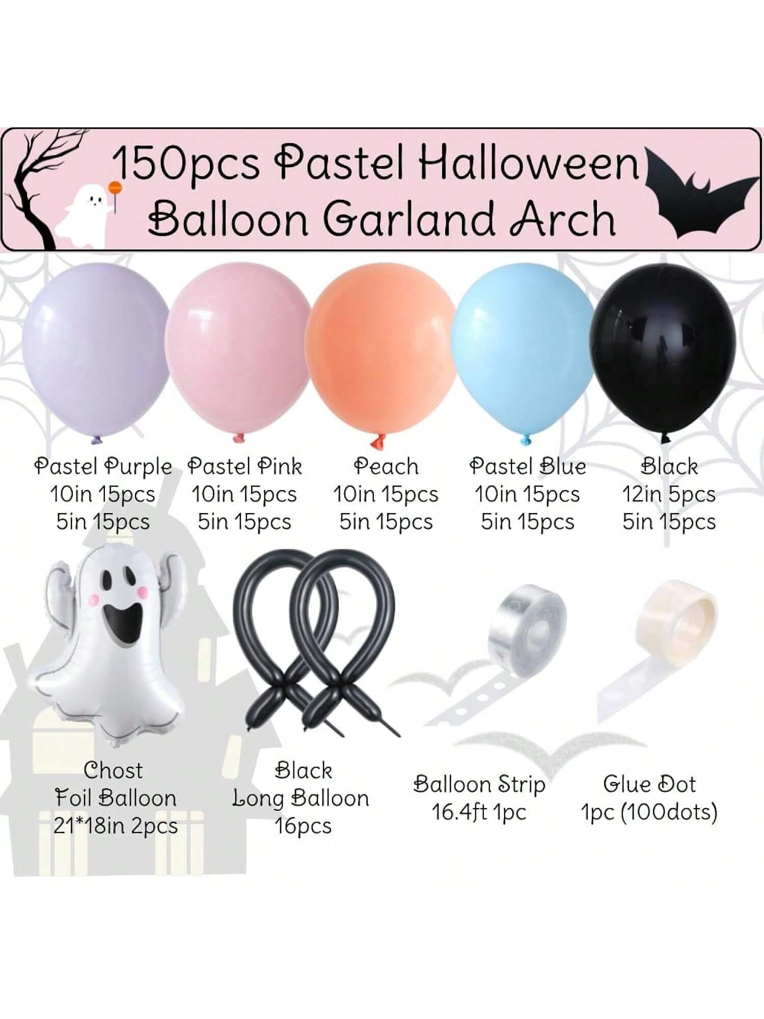 150pcs Pastel Halloween Balloon Kit Blue & Pink with Ghosts & Spiders for Party