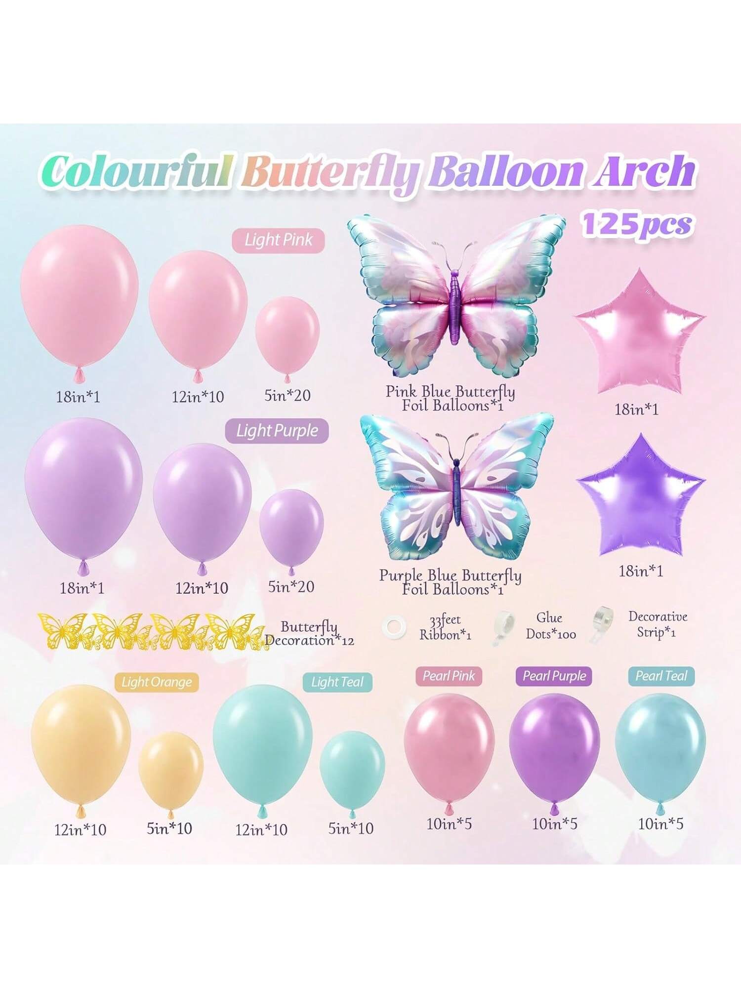 125-Pc Butterfly Balloon Arch Kit Pink Purple and Teal for Showers and Birthdays