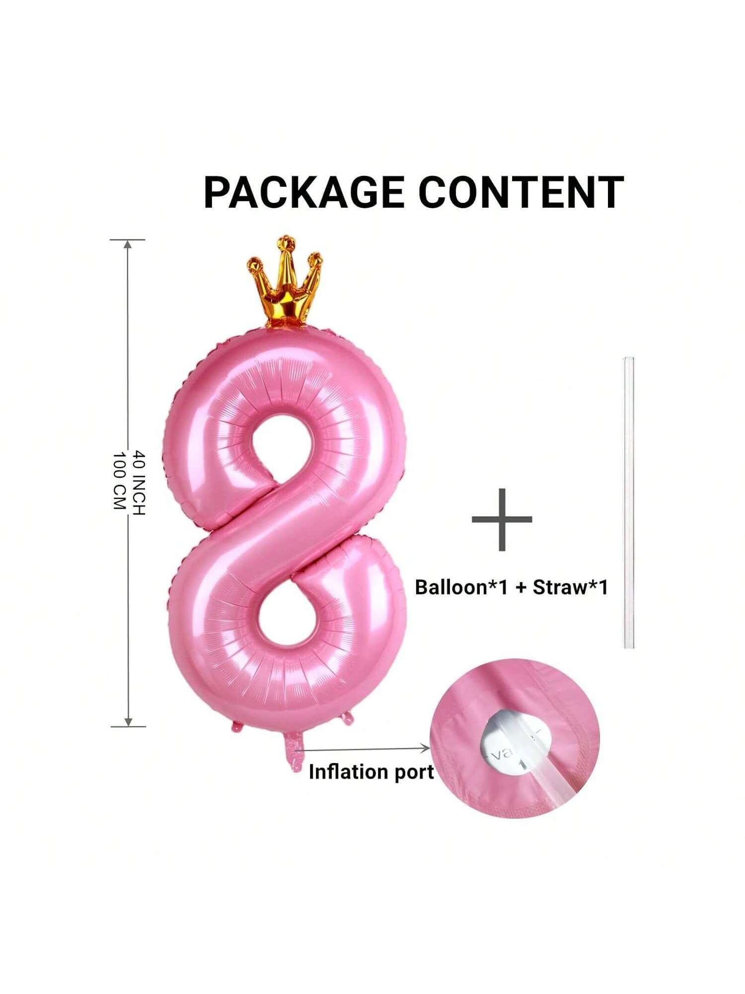 40 Inch Pink Crown Number 8 Balloon for Girls 8th Birthday Party
