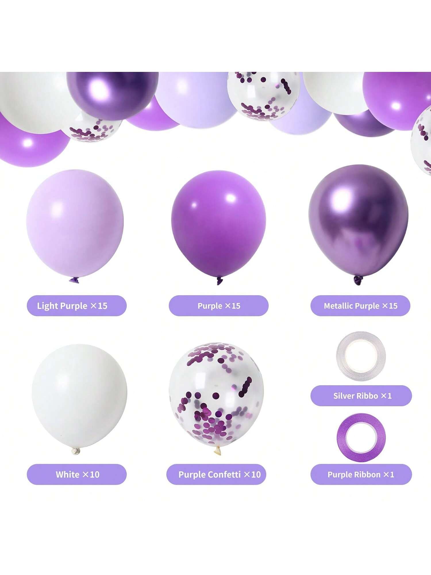 65 Pc 12 Inch Lavender Purple, Metallic & Confetti Balloons for Parties