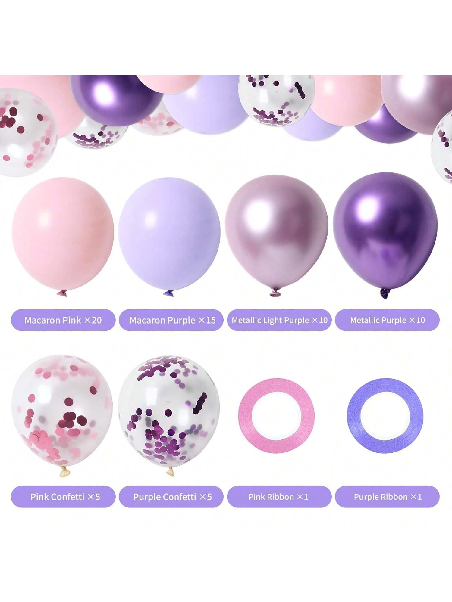 65 Pc 12 Inch Pink and Purple Balloon Arch Kit with Confetti for Parties