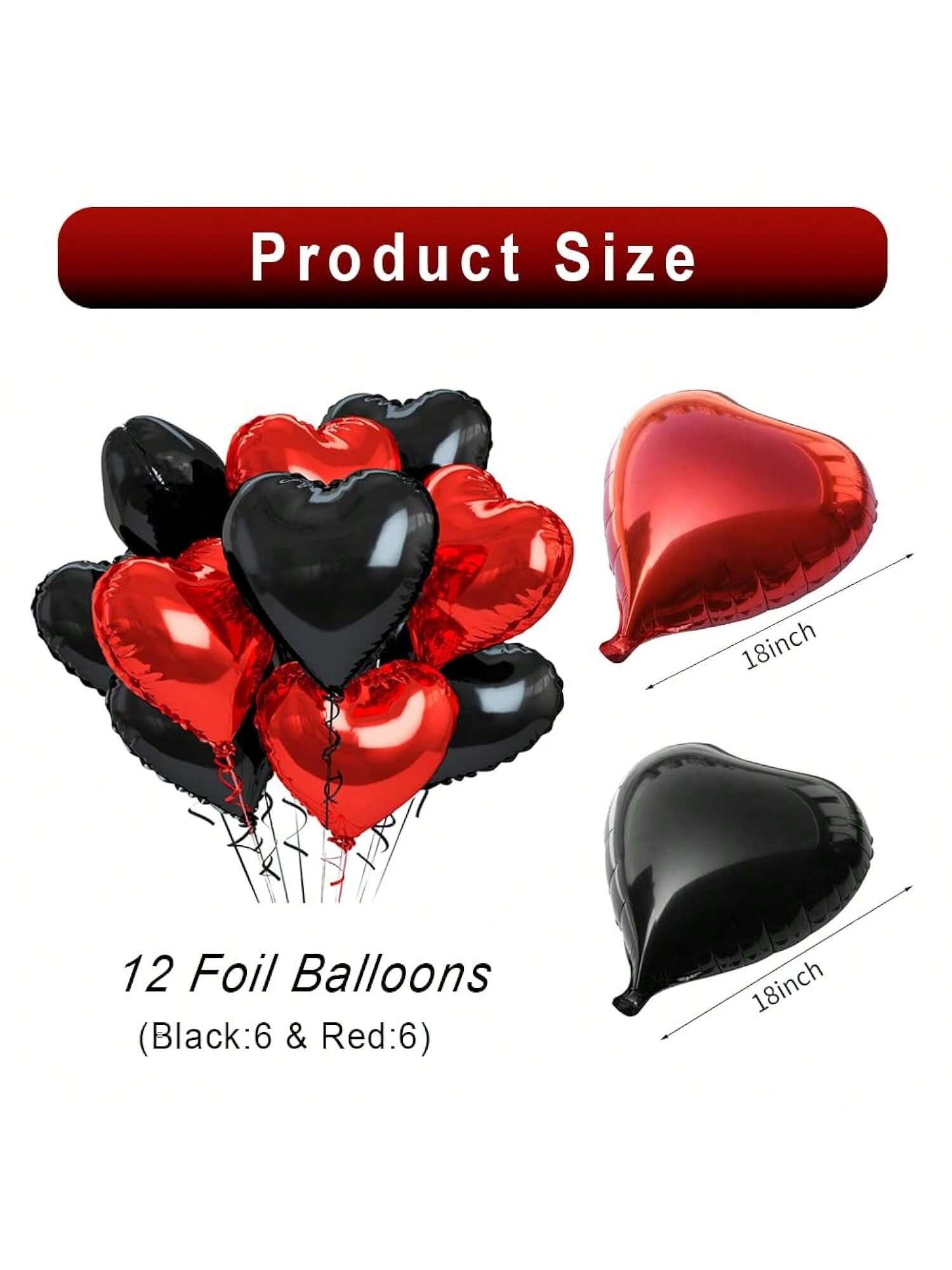 12-Pc Black and Red Heart Foil Balloons 18-Inch for Valentine’s or Party Decor