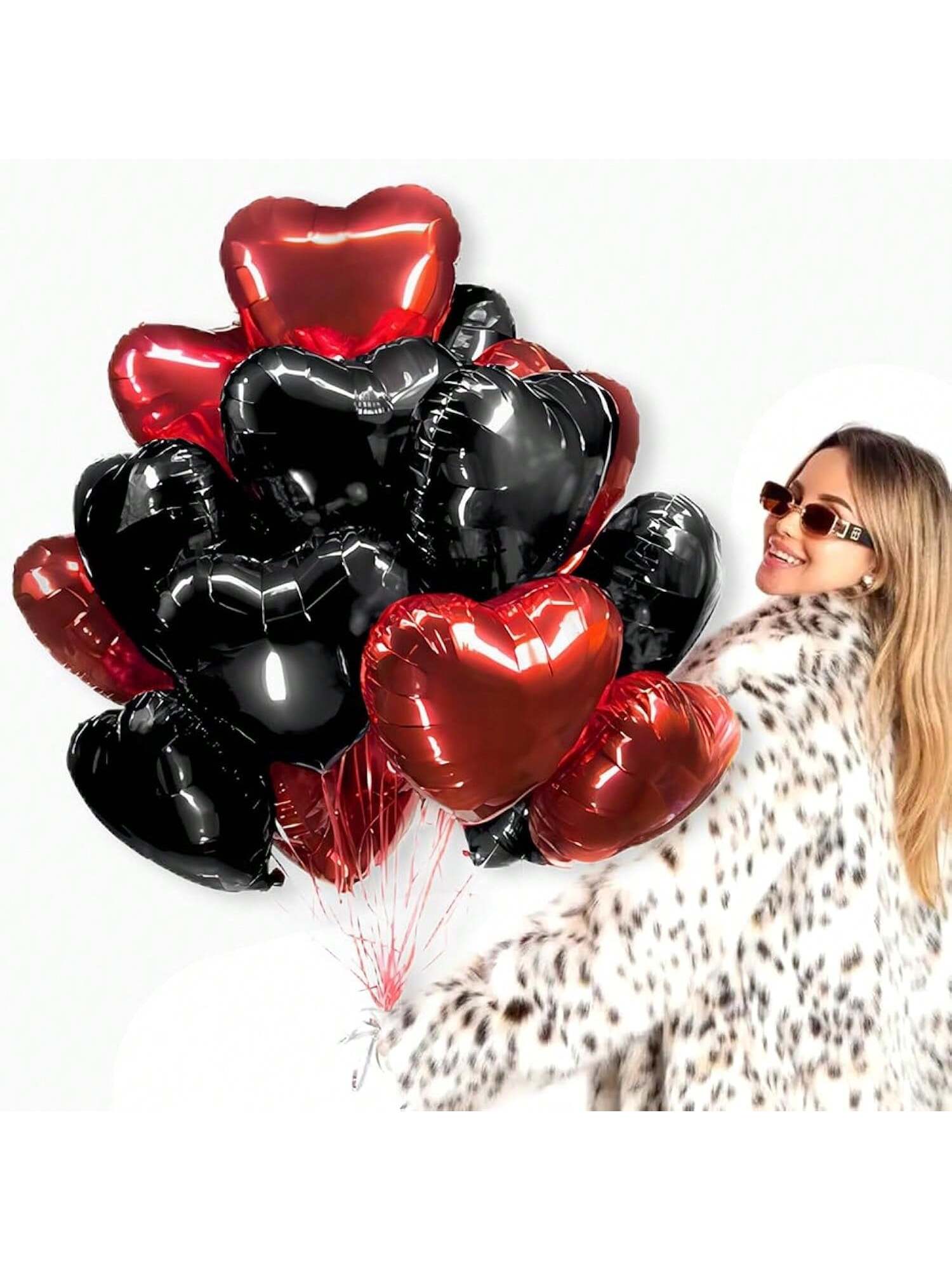 12-Pc Black and Red Heart Foil Balloons 18-Inch for Valentine’s or Party Decor