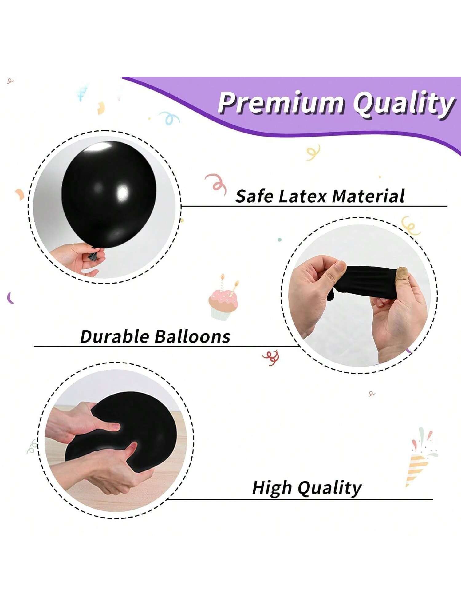 12 Inch Pink Purple Black Silver Metallic Balloons with Ribbon for Party Decor
