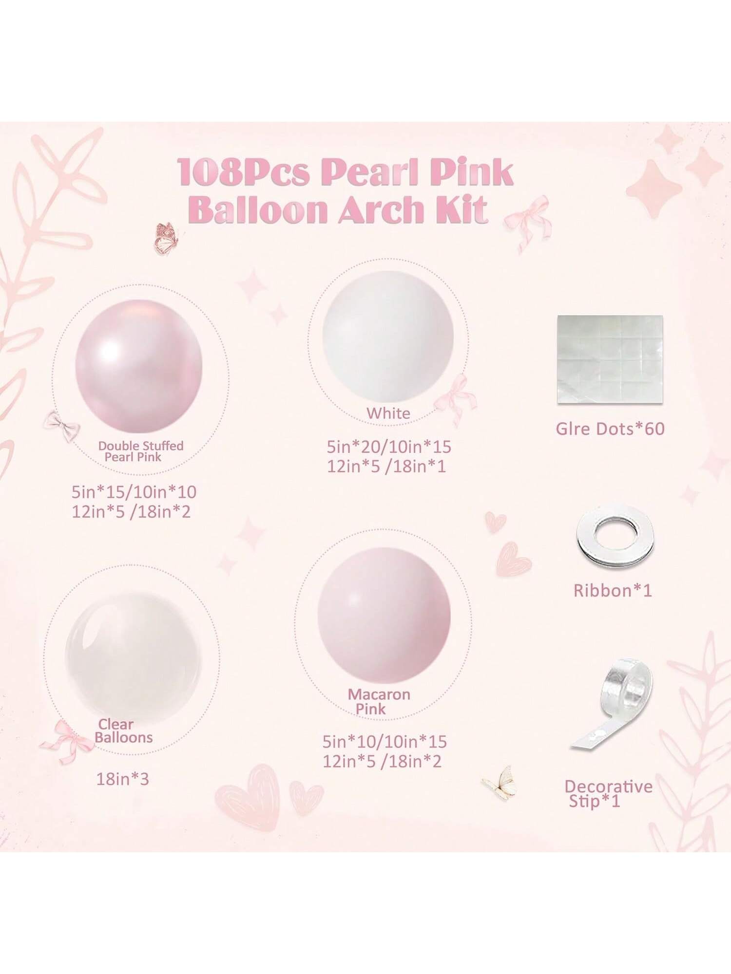 108pcs Pink Balloon Arch Kit with Pearl Macaron & White Balloons for Parties