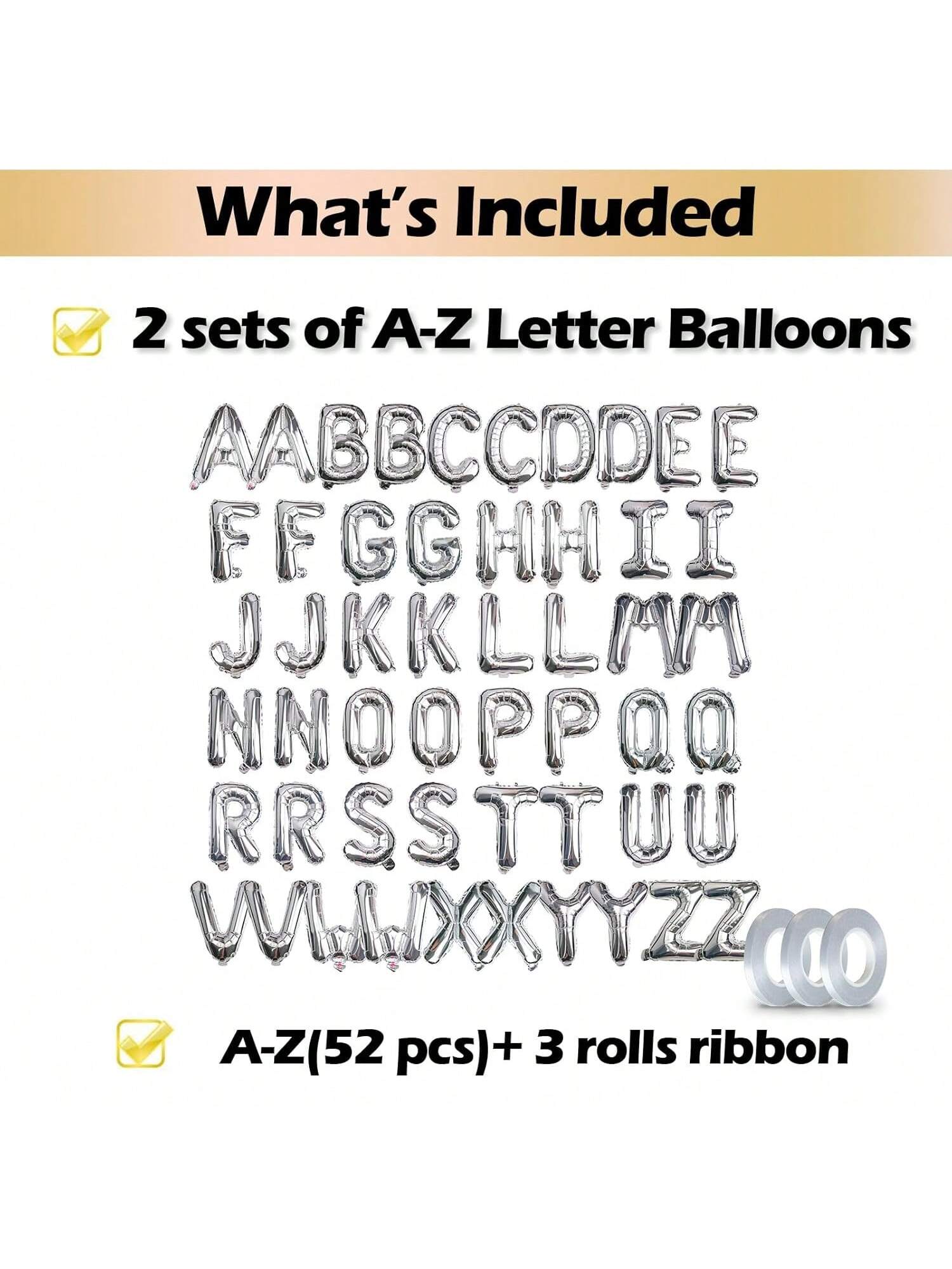 52pcs 16" Silver Foil Letter Balloons A-Z 2 Sets for Parties Graduation NYE