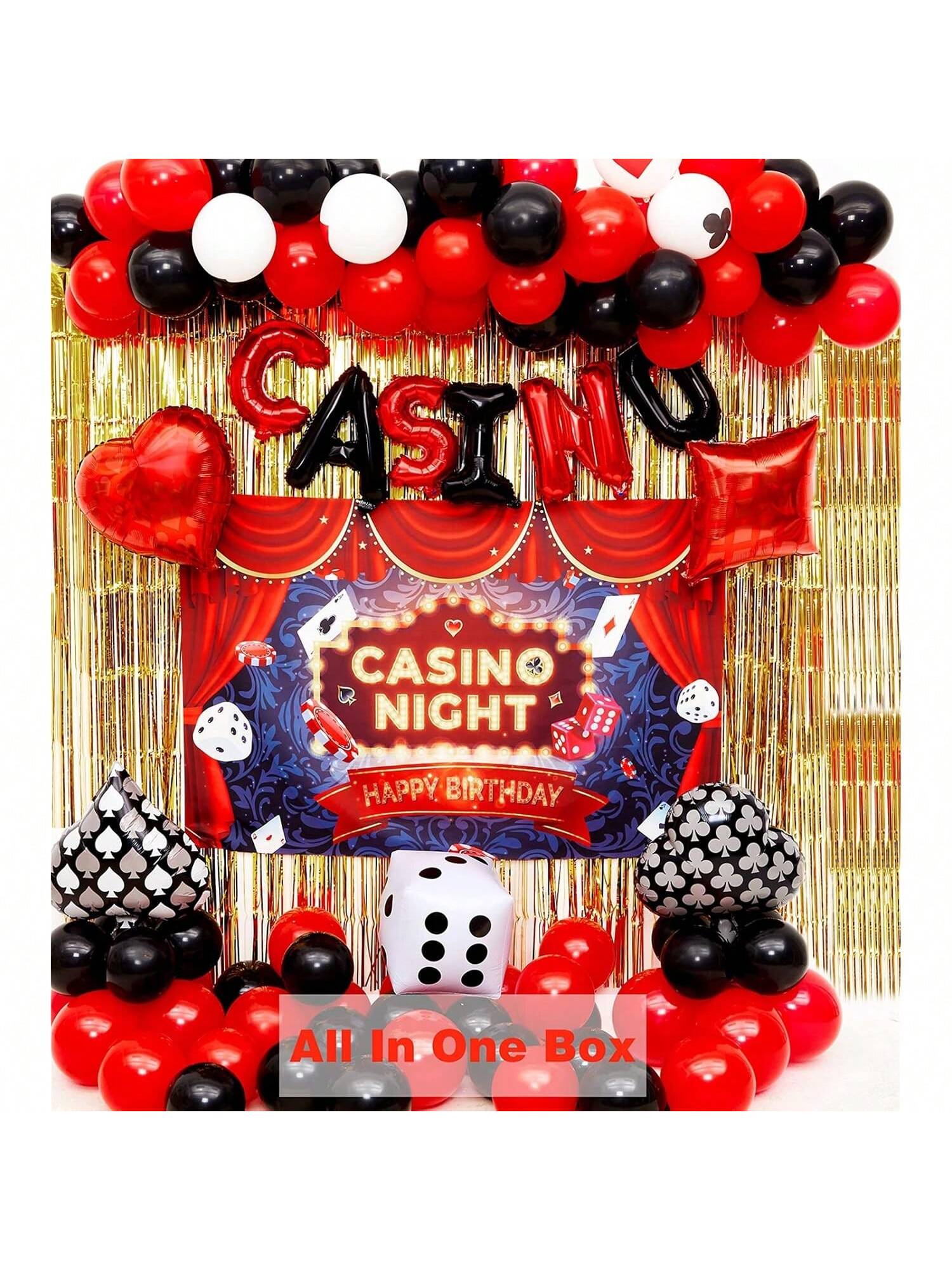 Casino Theme Party Kit with Balloon Garland Backdrop and Cake Toppers