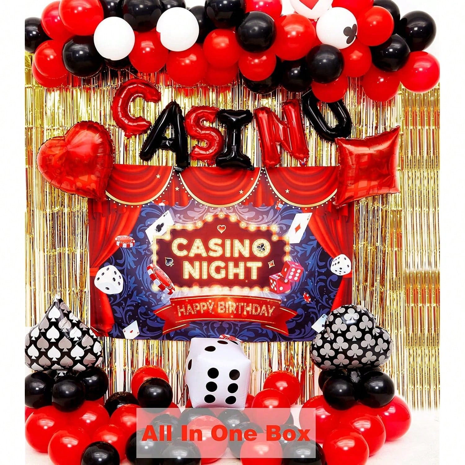 Casino Theme Party Kit with Balloon Garland Backdrop and Cake Toppers