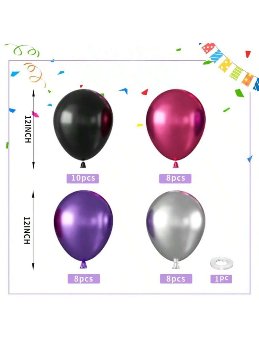 12 Inch Pink Purple Black Silver Metallic Balloons with Ribbon for Party Decor