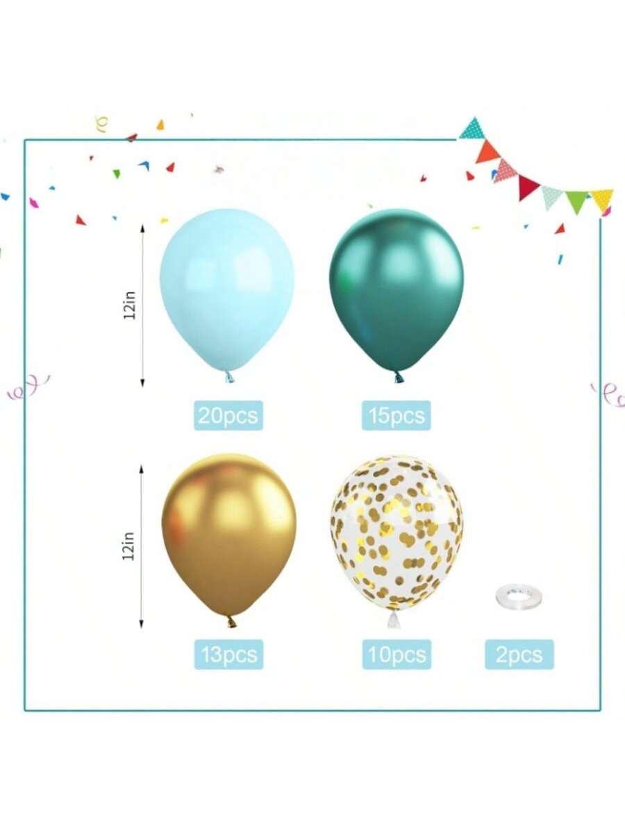 60 Pc Teal Balloon Set Metallic Green Gold and Confetti for Party Decor