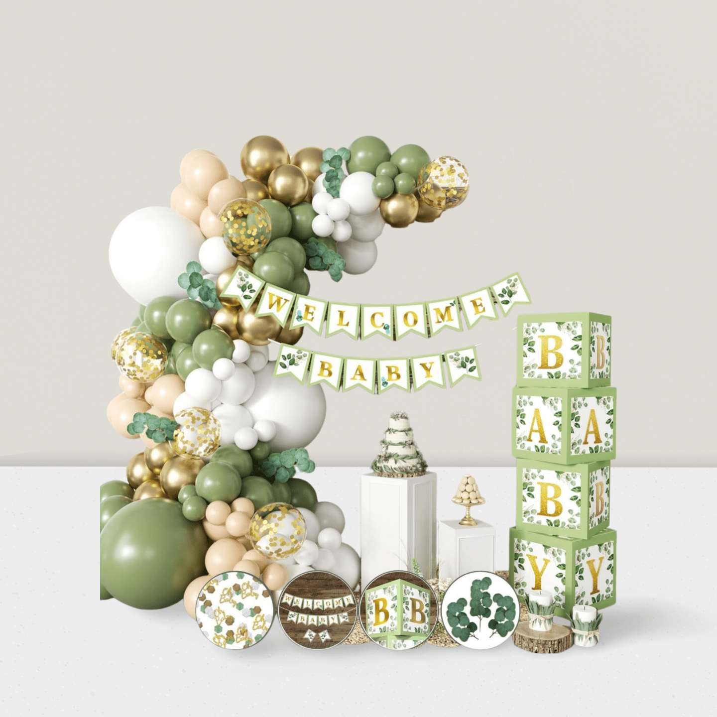 258pc Sage Green Baby Shower Decorations Balloon Garland Banner Boxes