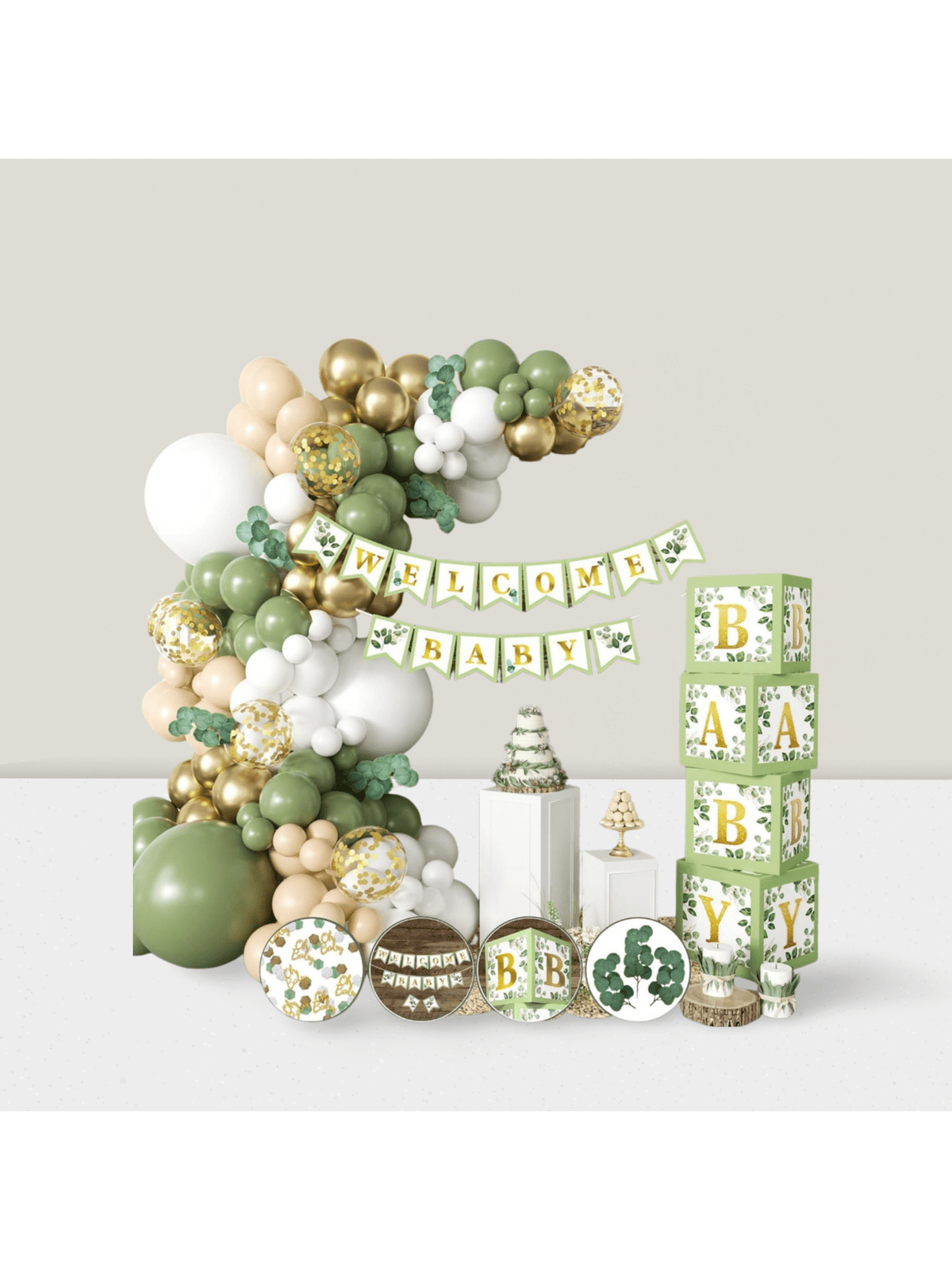258pc Sage Green Baby Shower Decorations Balloon Garland Banner Boxes