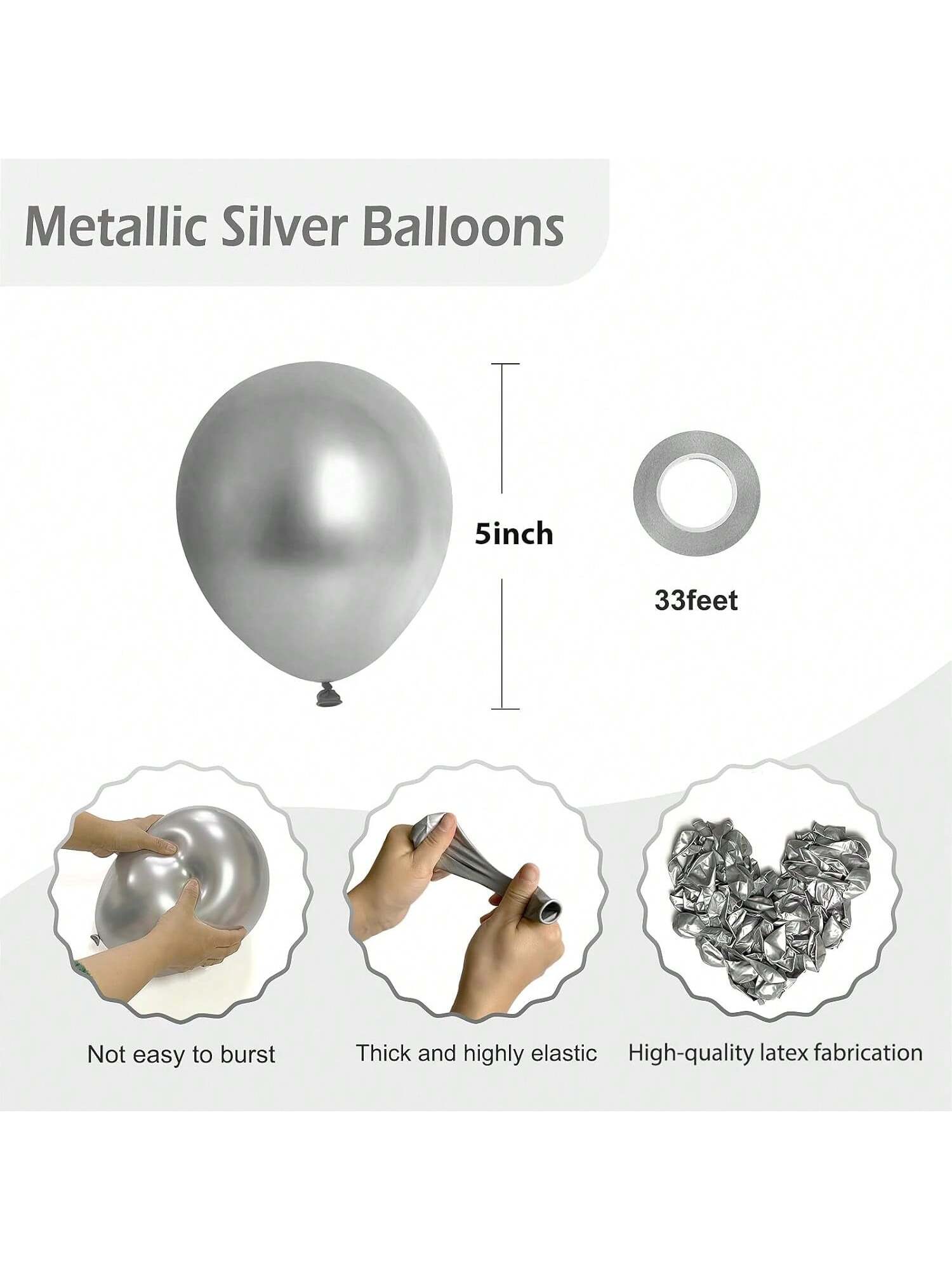 120 Pc 5 Inch Metallic Silver Latex Balloons with Ribbon for Birthday Graduation and Party