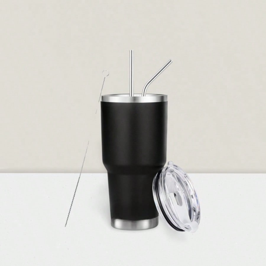 Stainless Steel Double Wall Insulated Tumbler With Straw, Lid, And Cleaning Brush For Hot & Cold Beverages-Black,