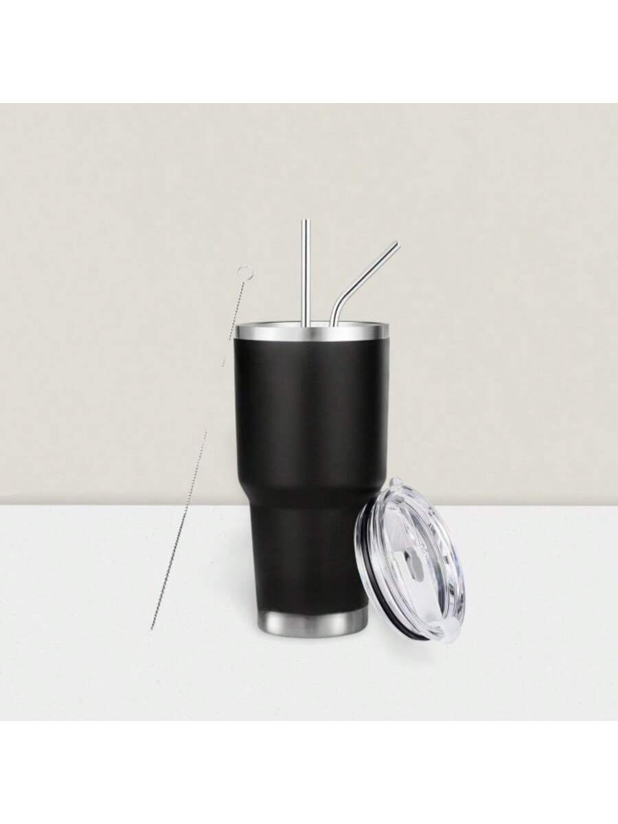 Stainless Steel Double Wall Insulated Tumbler With Straw, Lid, And Cleaning Brush For Hot & Cold Beverages-Black,