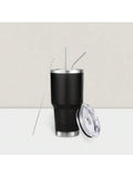 Stainless Steel Double Wall Insulated Tumbler With Straw, Lid, And Cleaning Brush For Hot & Cold Beverages-Black,