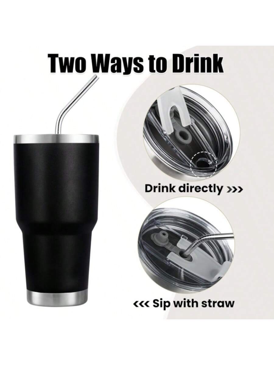 Stainless Steel Double Wall Insulated Tumbler With Straw, Lid, And Cleaning Brush For Hot & Cold Beverages-Black,