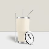 Stainless Steel Double Wall Insulated Tumbler With Straw, Lid, And Cleaning Brush For Hot & Cold Beverages-Cream,