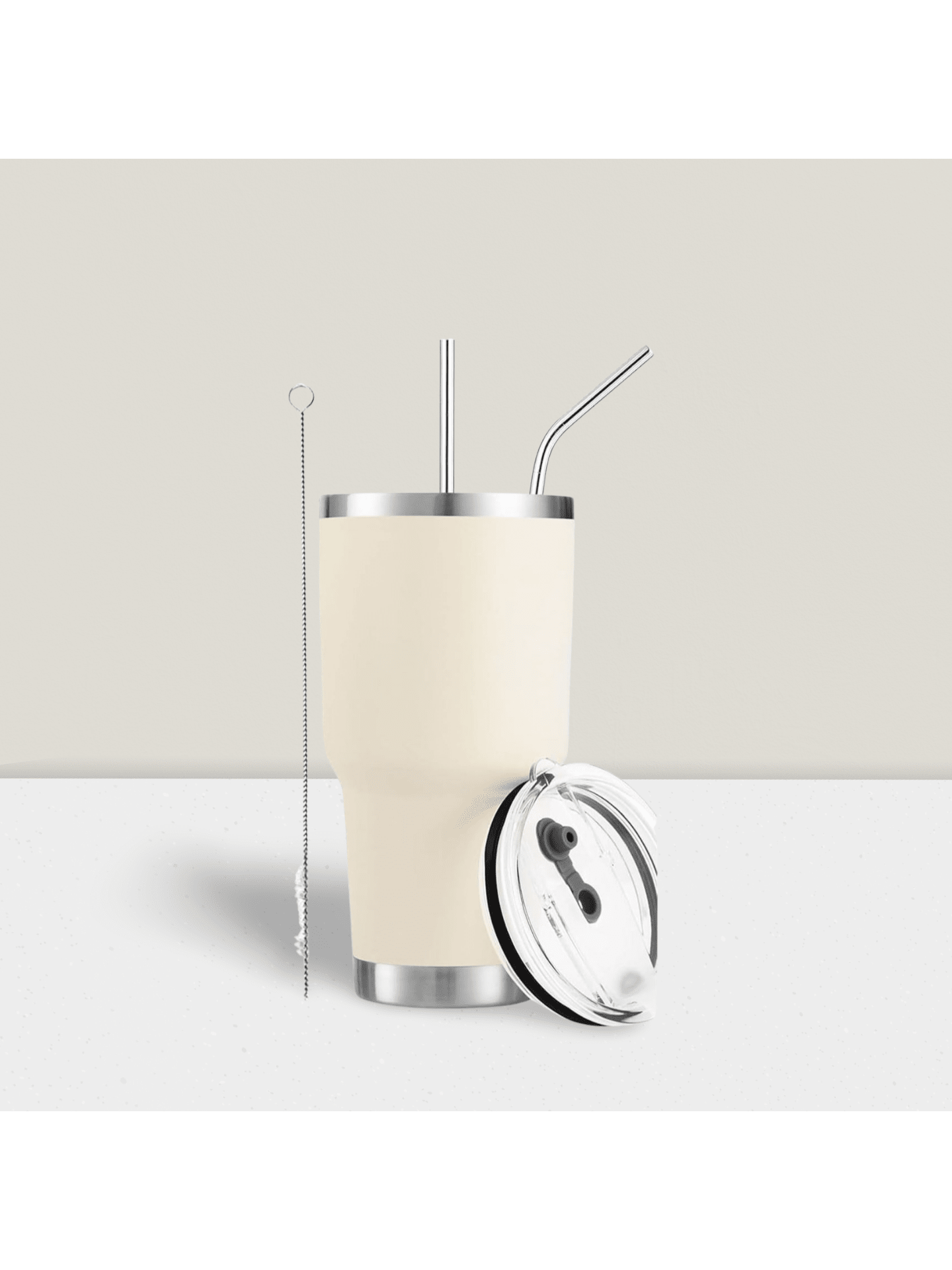 Stainless Steel Double Wall Insulated Tumbler With Straw, Lid, And Cleaning Brush For Hot & Cold Beverages-Cream,
