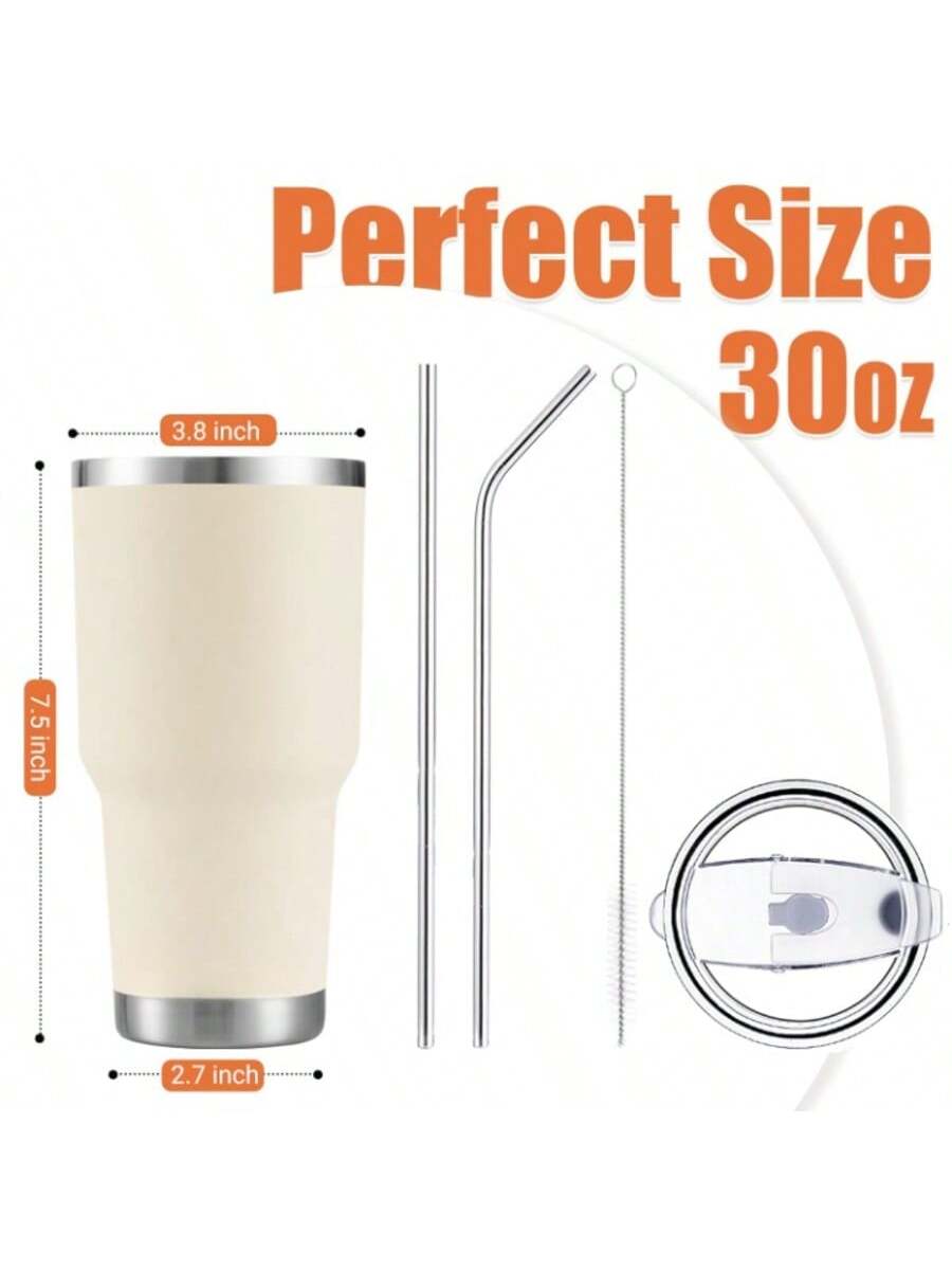 Stainless Steel Double Wall Insulated Tumbler With Straw, Lid, And Cleaning Brush For Hot & Cold Beverages-Cream,