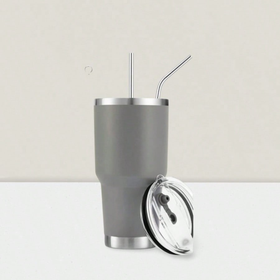 Stainless Steel Double Wall Insulated Tumbler With Straw, Lid, And Cleaning Brush For Hot & Cold Beverages-Grey,