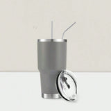 Stainless Steel Double Wall Insulated Tumbler With Straw, Lid, And Cleaning Brush For Hot & Cold Beverages-Grey,