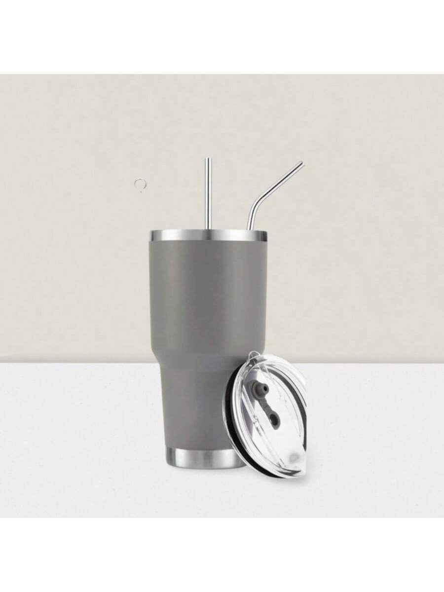 Stainless Steel Double Wall Insulated Tumbler With Straw, Lid, And Cleaning Brush For Hot & Cold Beverages-Grey,