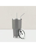 Stainless Steel Double Wall Insulated Tumbler With Straw, Lid, And Cleaning Brush For Hot & Cold Beverages-Grey,