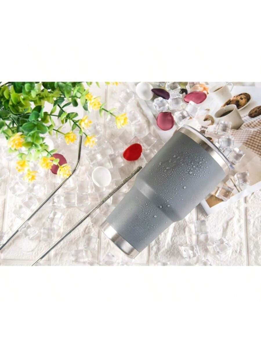 Stainless Steel Double Wall Insulated Tumbler With Straw, Lid, And Cleaning Brush For Hot & Cold Beverages-Grey,