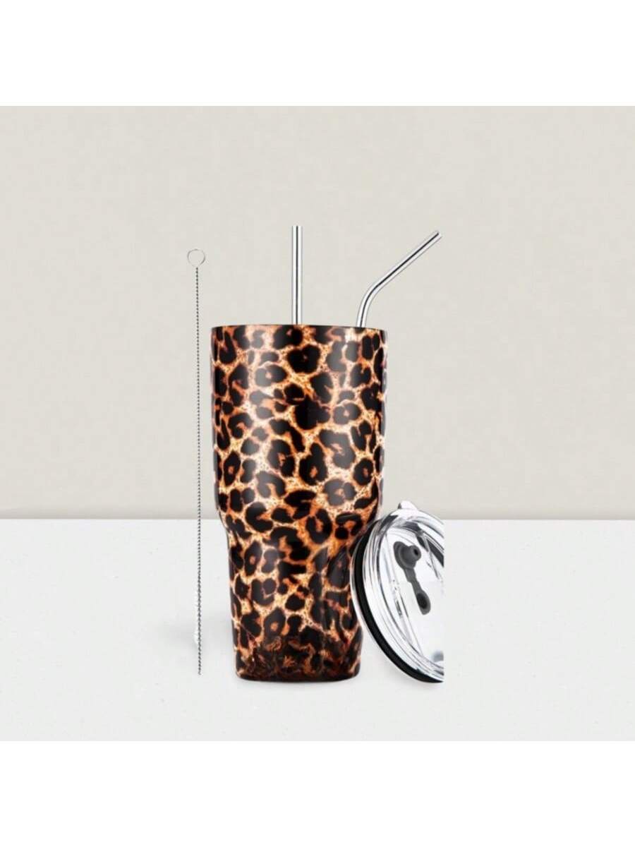 Stainless Steel Double Wall Insulated Tumbler With Straw, Lid, And Cleaning Brush For Hot & Cold Beverages-Brwon,Black,