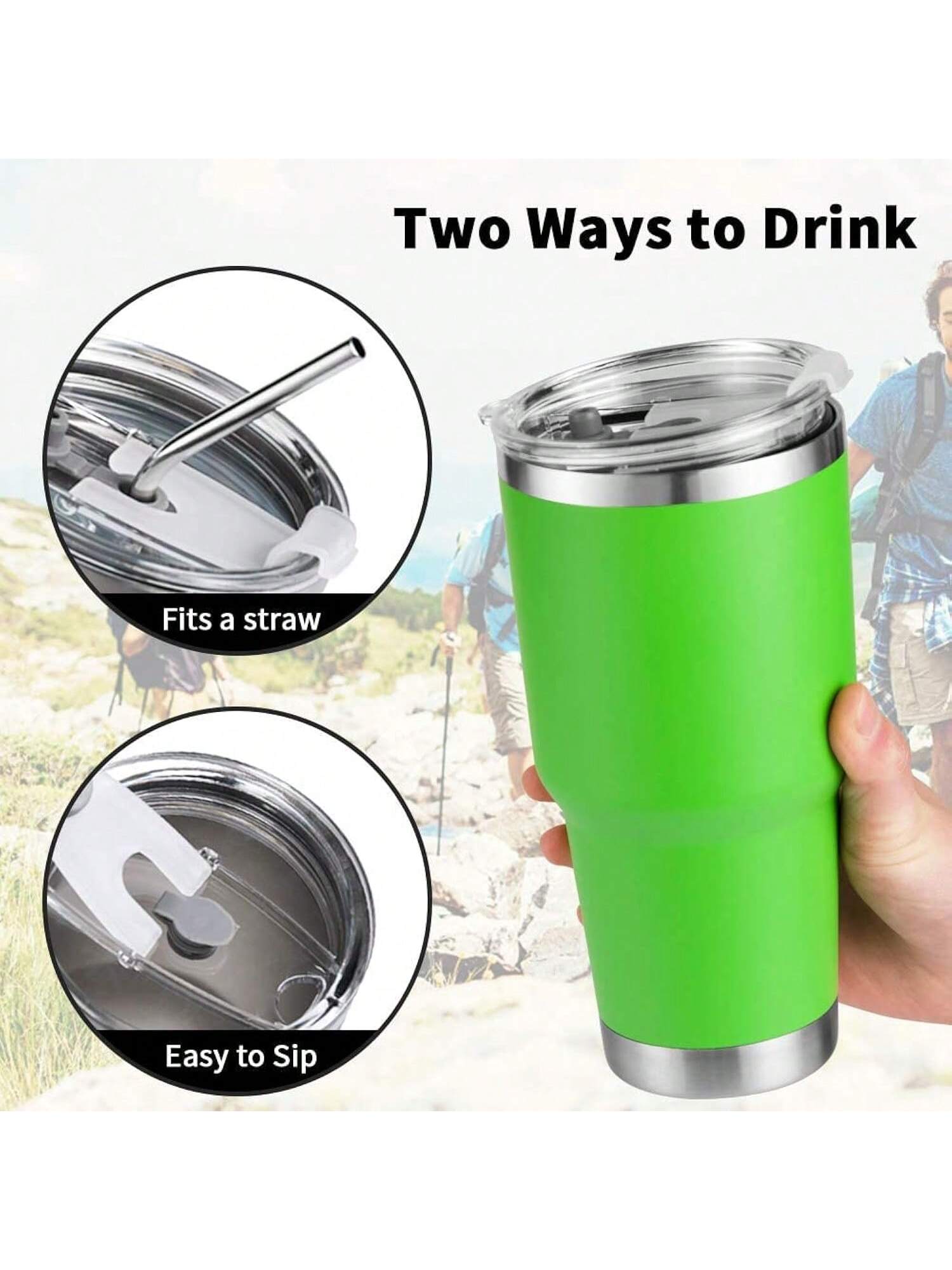 Stainless Steel Double Wall Insulated Tumbler With Straw, Lid, And Cleaning Brush For Hot & Cold Beverages-Light Green,
