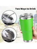 Stainless Steel Double Wall Insulated Tumbler With Straw, Lid, And Cleaning Brush For Hot & Cold Beverages-Light Green,