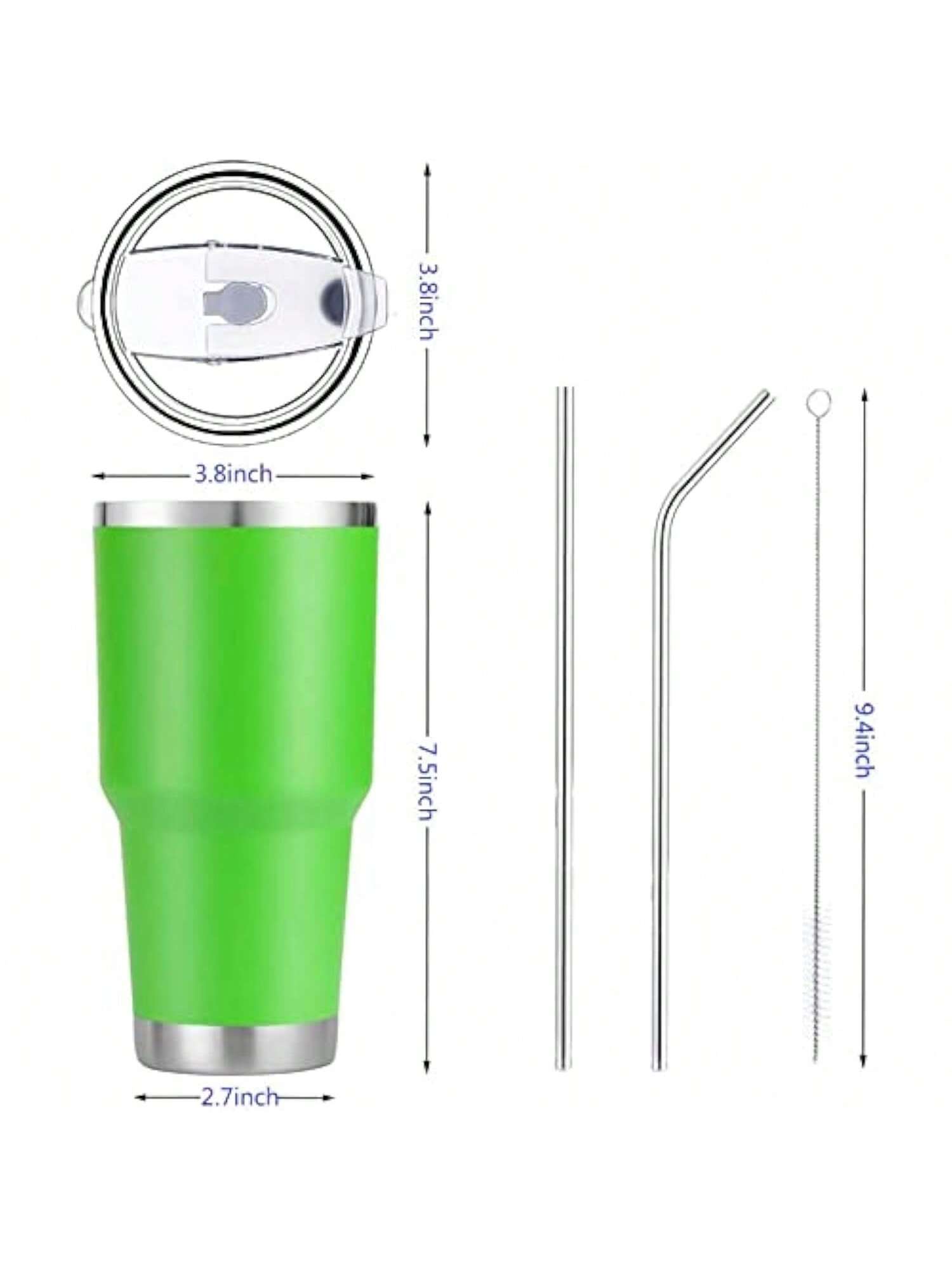 Stainless Steel Double Wall Insulated Tumbler With Straw, Lid, And Cleaning Brush For Hot & Cold Beverages-Light Green,