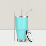 Stainless Steel Double Wall Insulated Tumbler With Straw, Lid, And Cleaning Brush For Hot & Cold Beverages-Mint Blue,