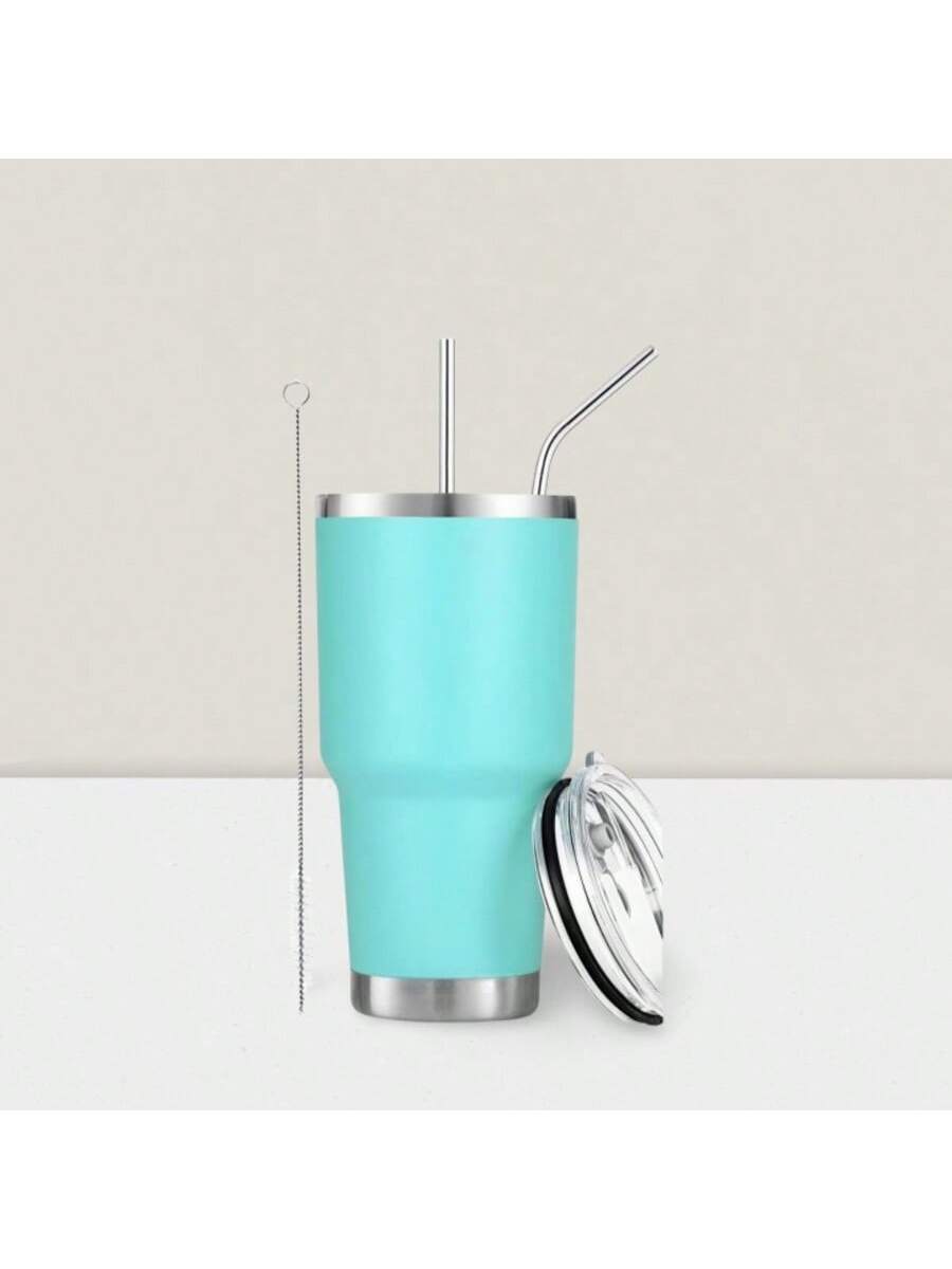 Stainless Steel Double Wall Insulated Tumbler With Straw, Lid, And Cleaning Brush For Hot & Cold Beverages-Mint Blue,