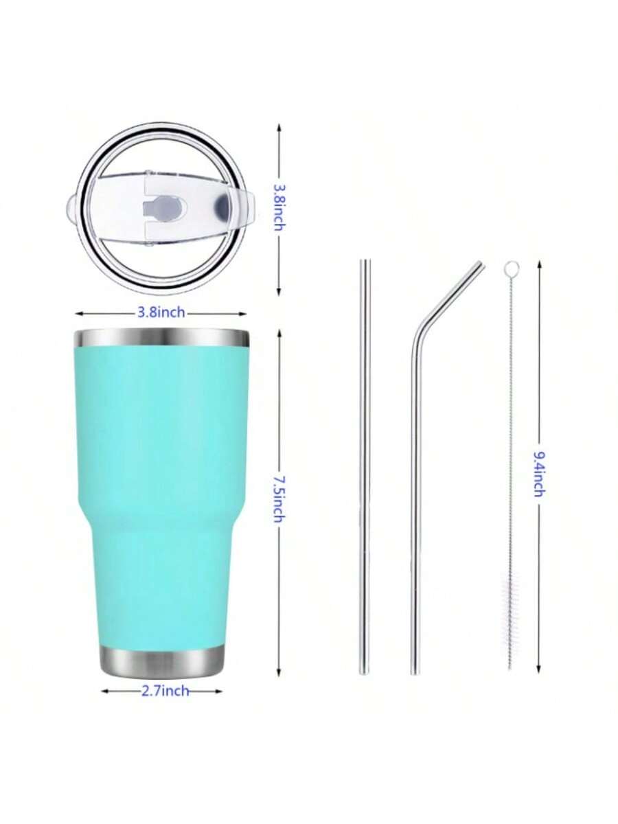 Stainless Steel Double Wall Insulated Tumbler With Straw, Lid, And Cleaning Brush For Hot & Cold Beverages-Mint Blue,