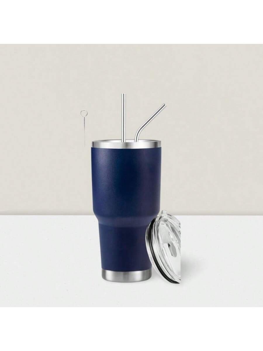 Stainless Steel Double Wall Insulated Tumbler With Straw, Lid, And Cleaning Brush For Hot & Cold Beverages-Navy Blue,