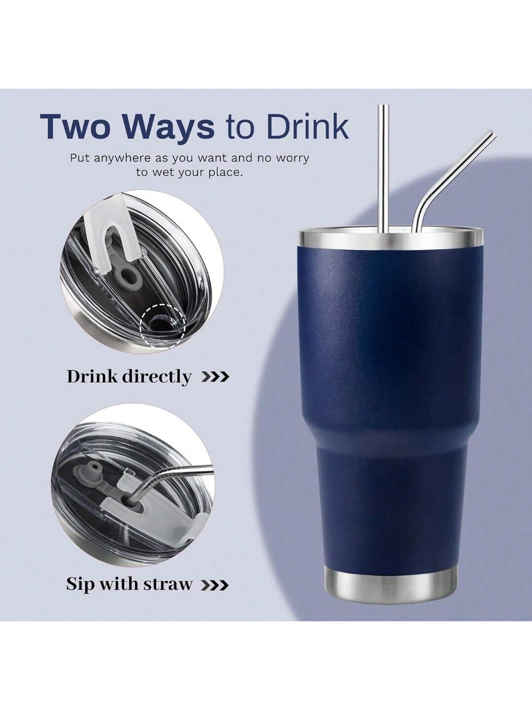 Stainless Steel Double Wall Insulated Tumbler With Straw, Lid, And Cleaning Brush For Hot & Cold Beverages-Navy Blue,
