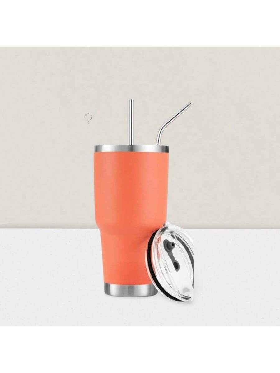 Stainless Steel Double Wall Insulated Tumbler With Straw, Lid, And Cleaning Brush For Hot & Cold Beverages-Orange,