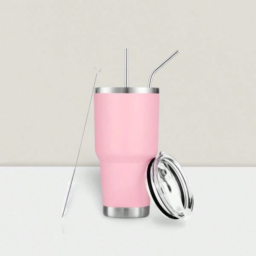 Stainless Steel Double Wall Insulated Tumbler With Straw, Lid, And Cleaning Brush For Hot & Cold Beverages-Pink,