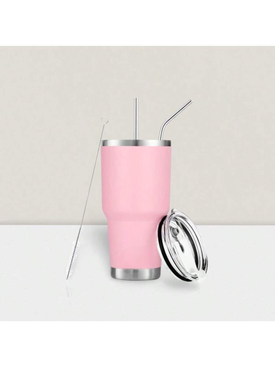 Stainless Steel Double Wall Insulated Tumbler With Straw, Lid, And Cleaning Brush For Hot & Cold Beverages-Pink,