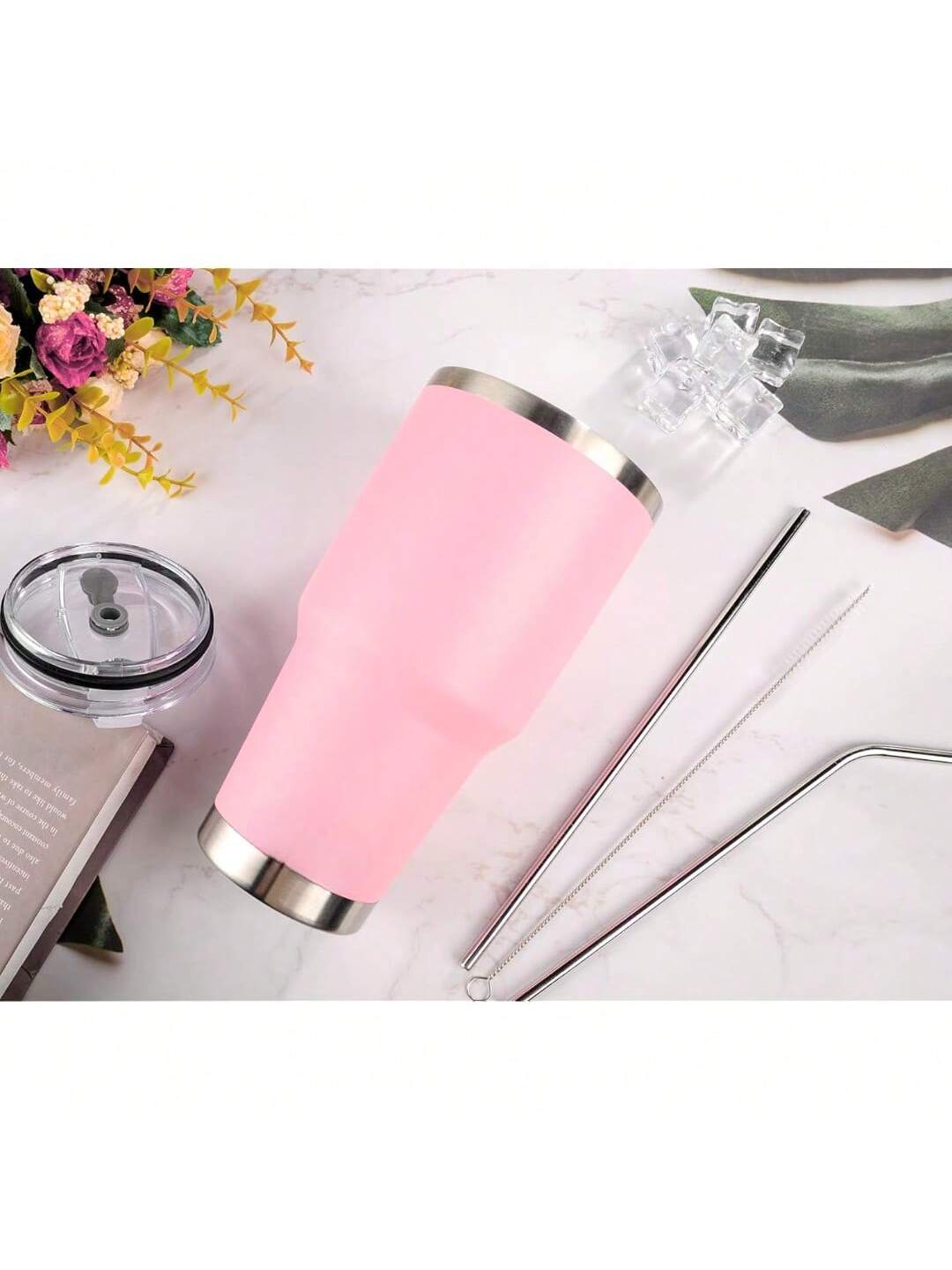 Stainless Steel Double Wall Insulated Tumbler With Straw, Lid, And Cleaning Brush For Hot & Cold Beverages-Pink,
