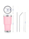Stainless Steel Double Wall Insulated Tumbler With Straw, Lid, And Cleaning Brush For Hot & Cold Beverages-Pink,