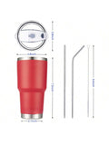 Stainless Steel Double Wall Insulated Tumbler With Straw, Lid, And Cleaning Brush For Hot & Cold Beverages-Red,