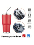 Stainless Steel Double Wall Insulated Tumbler With Straw, Lid, And Cleaning Brush For Hot & Cold Beverages-Red,