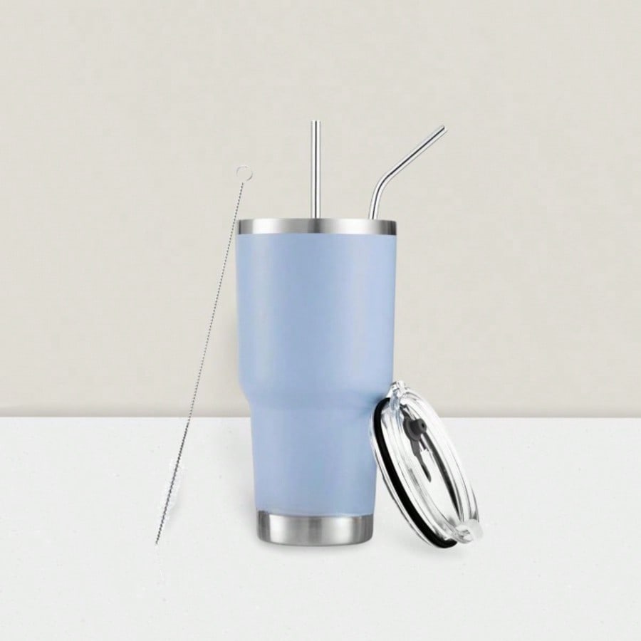 Stainless Steel Double Wall Insulated Tumbler with Straw Lid Brush for Hot Cold Drinks Blue