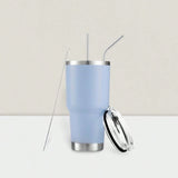 Stainless Steel Double Wall Insulated Tumbler with Straw Lid Brush for Hot Cold Drinks Blue