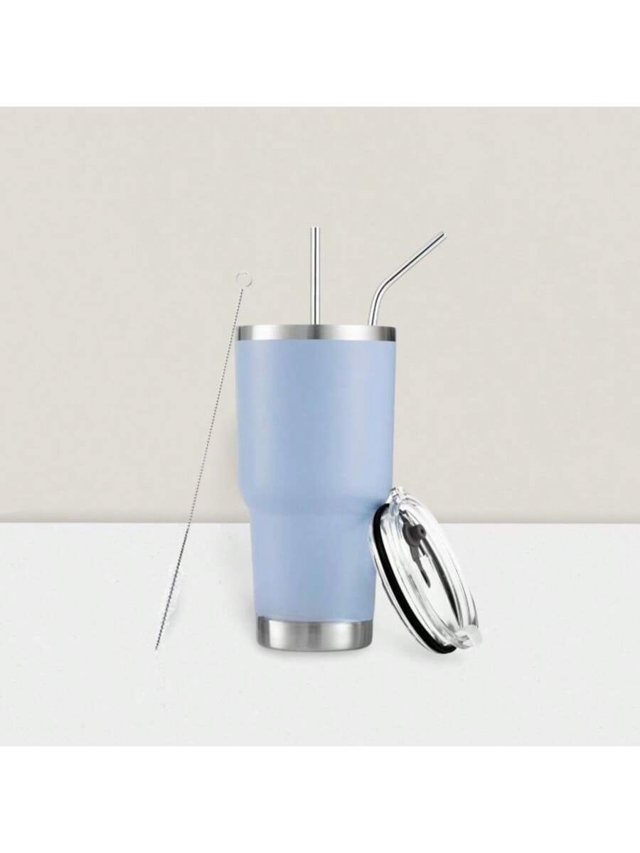Stainless Steel Double Wall Insulated Tumbler with Straw Lid Brush for Hot Cold Drinks Blue