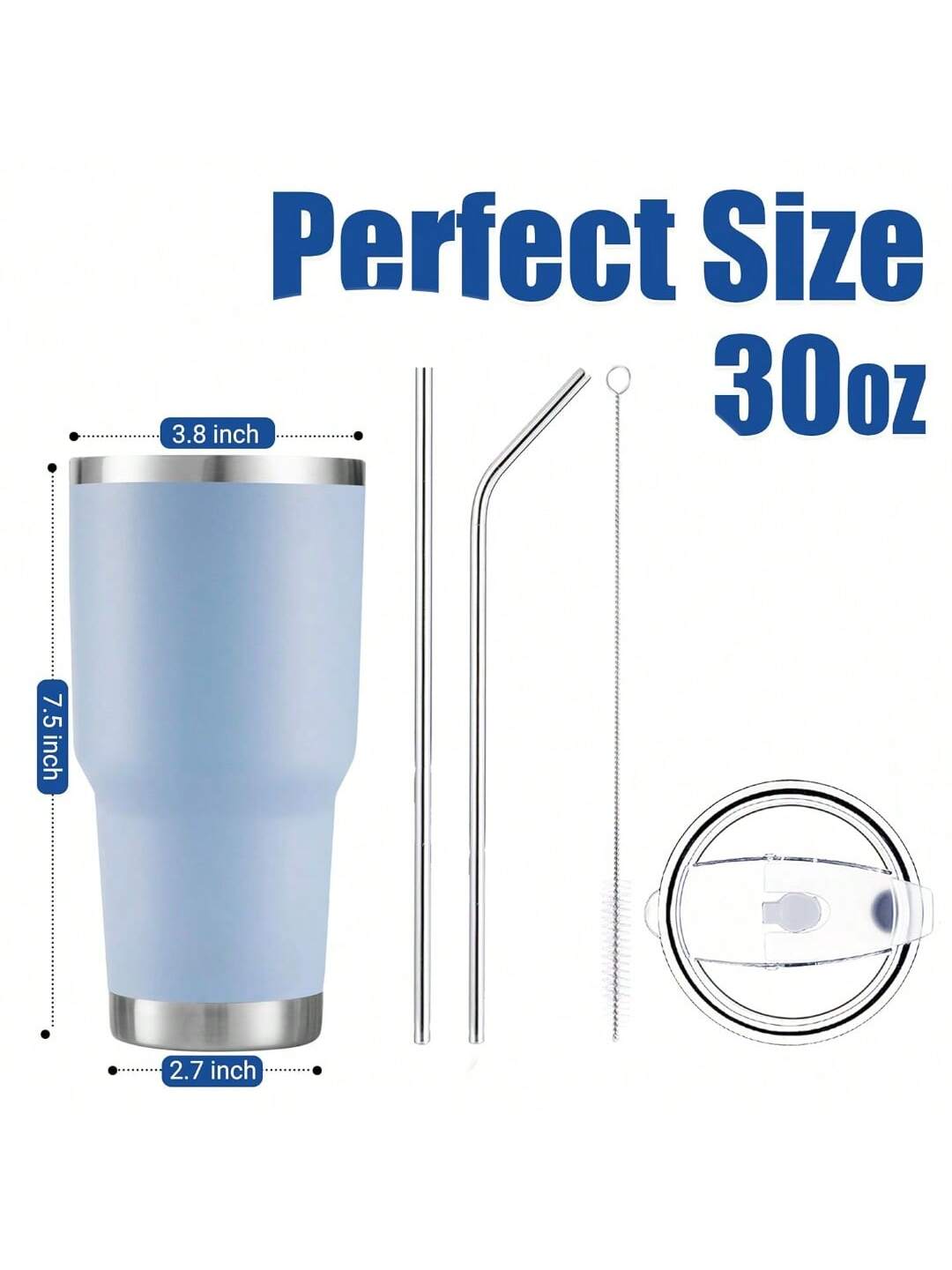 Stainless Steel Double Wall Insulated Tumbler with Straw Lid Brush for Hot Cold Drinks Blue